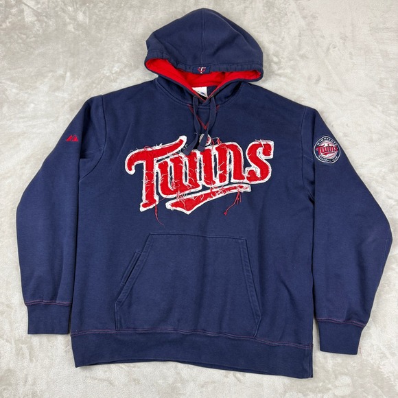 Minnesota Twins Majestic Hoodie Mens L Sweater MLB Baseball Pullover Frayed Logo - Picture 1 of 8